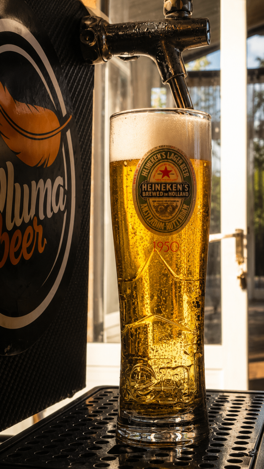 Vaso Heineken servido en chopera Pluma Beer