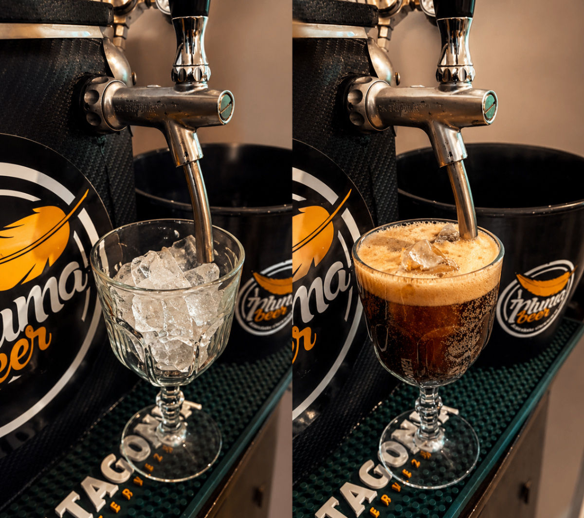 Cerveza servida sobre hielo en copa